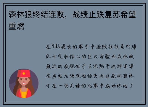 森林狼终结连败，战绩止跌复苏希望重燃