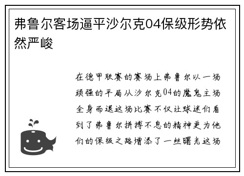 弗鲁尔客场逼平沙尔克04保级形势依然严峻