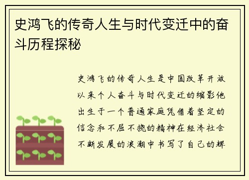 史鸿飞的传奇人生与时代变迁中的奋斗历程探秘