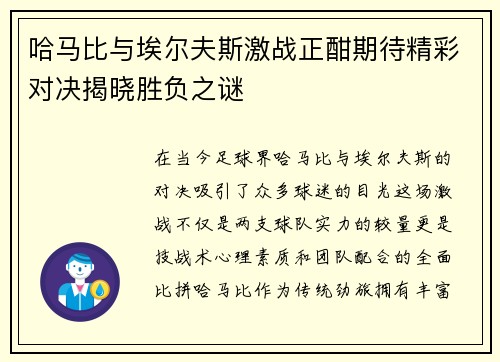 哈马比与埃尔夫斯激战正酣期待精彩对决揭晓胜负之谜