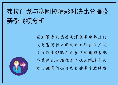 弗拉门戈与塞阿拉精彩对决比分揭晓赛季战绩分析